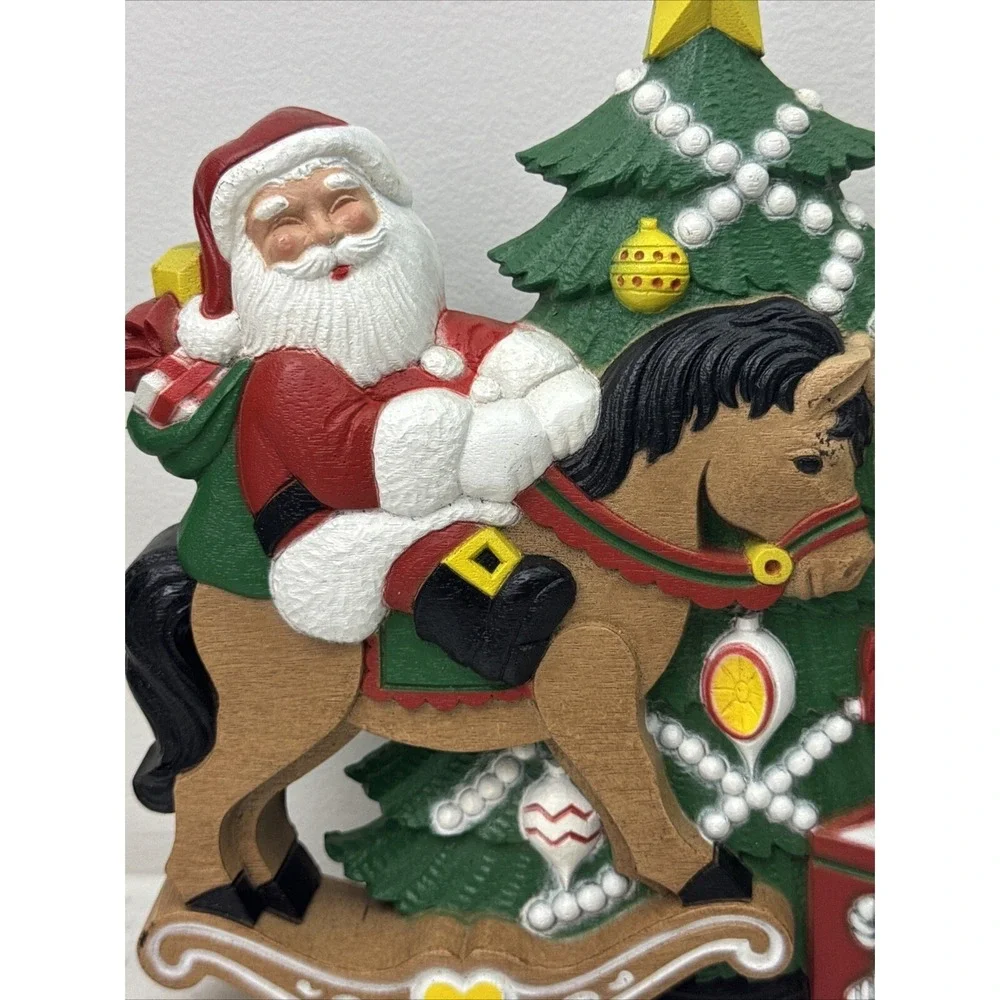 Vintage Burwood Products Christmas Tree Santa Claus Wall Hanging Rocking Horse